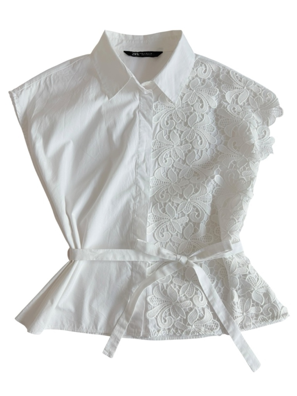 Zara White Asymmetric Lace-Panel Button Down Top